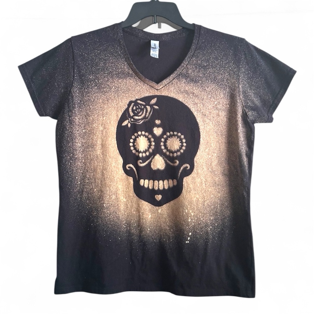 Sugar Floral Skull | Black & Gold T-Shirt | Size XL - Picture 2 of 4
